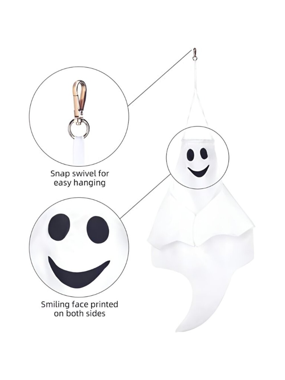 32 Inch Outdoor Halloween Ghost Tree Hanging Windsock White Flying Ghost (2 Pcs) - Picture 3 of 8